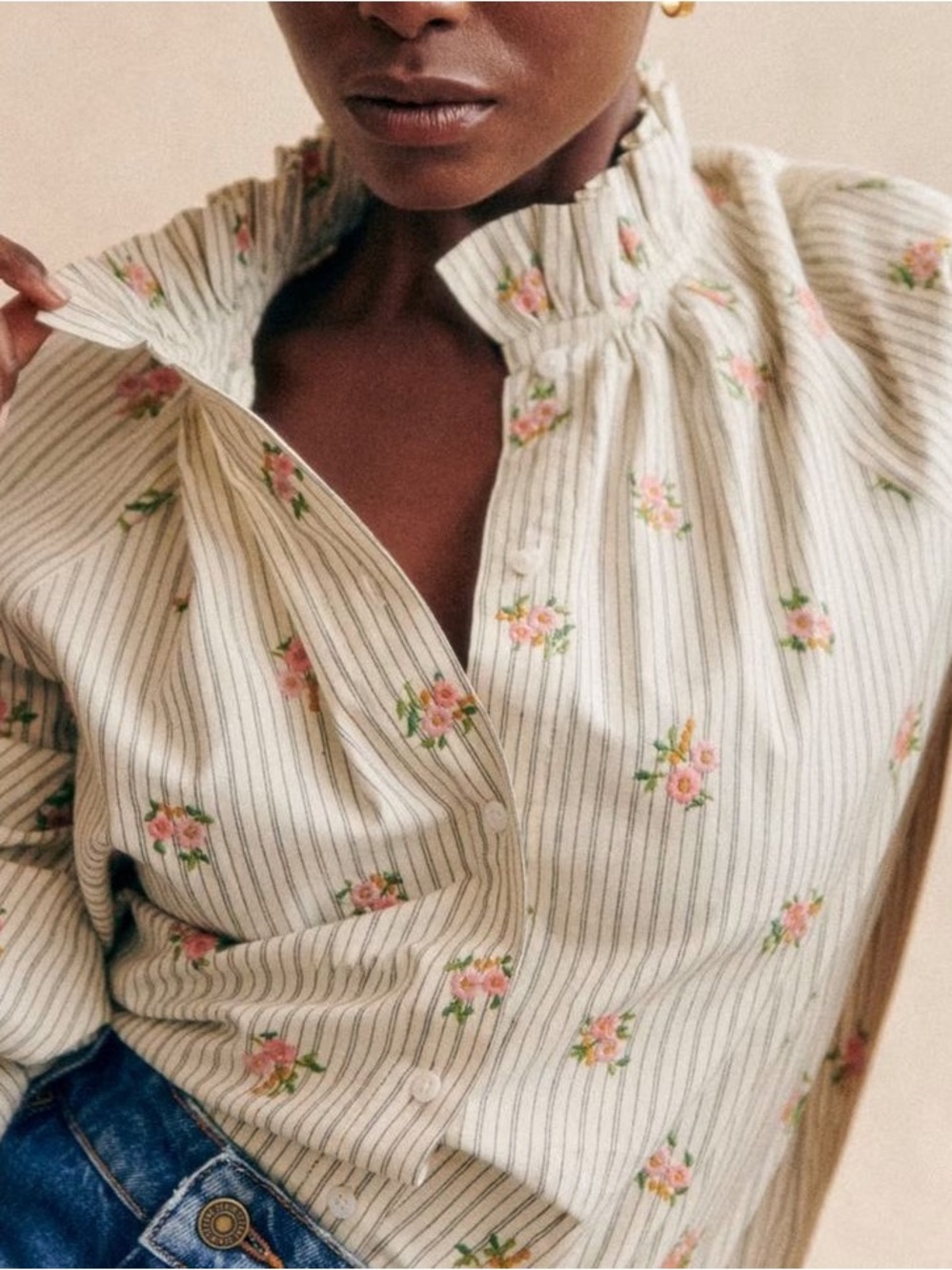 Sézane Louna shirt Stripes with Floral Cream Ruffle Collar Button-Down Size 34